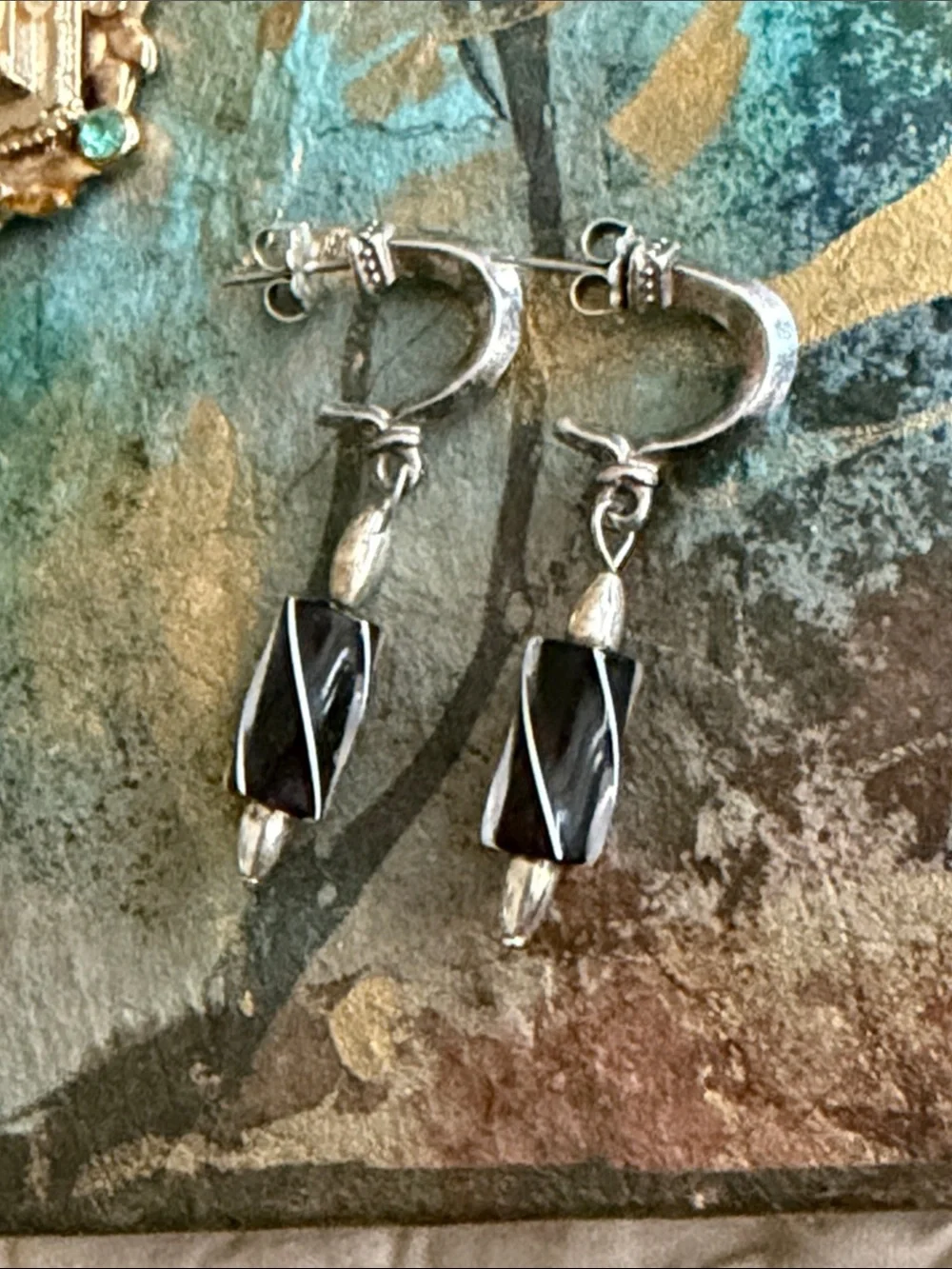 Sterling silver blown glass black and white like a swizzle stick post style